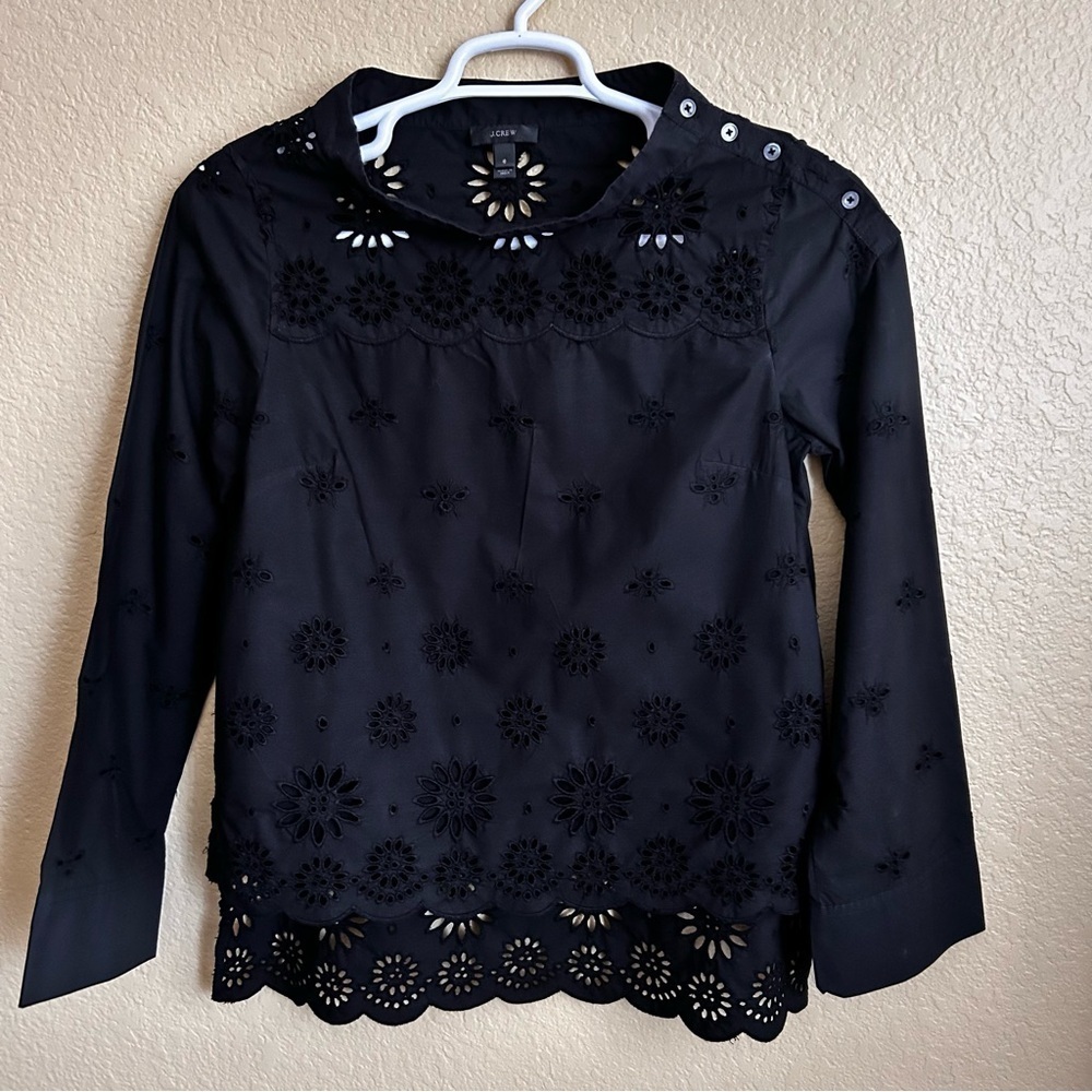 J. Crew Funnelneck Black Eyelet Long Sleeve Top - Picture 4 of 10